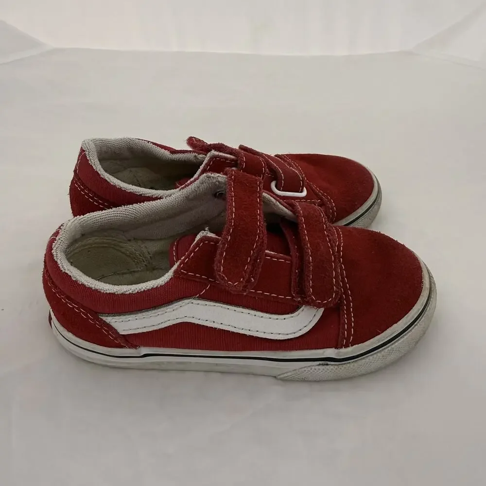 Vans Old Skool V Toddler Size 9.0 Red Hook & Loop Canvas Suede Sneakers Shoes